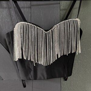 Black Corset Bra with Rhinestone Fringe